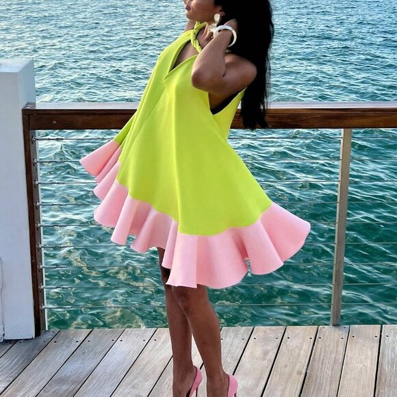 Green- pink elegant Women's Sleeveless Ruffle Hem Mini dress - Picture 7 of 10